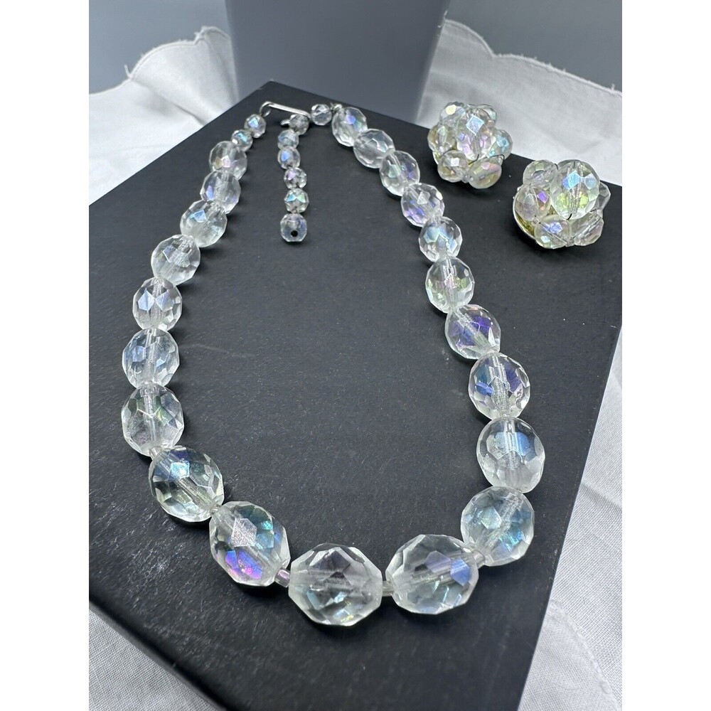 14” Elongated Faceted Iridescent Crystal Bead Necklace & Earring Set
